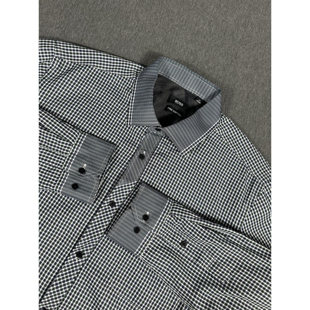 Hugo Boss Pima Cotton Dress Shirt Mens Size 41 Black White Gingham‎ Check